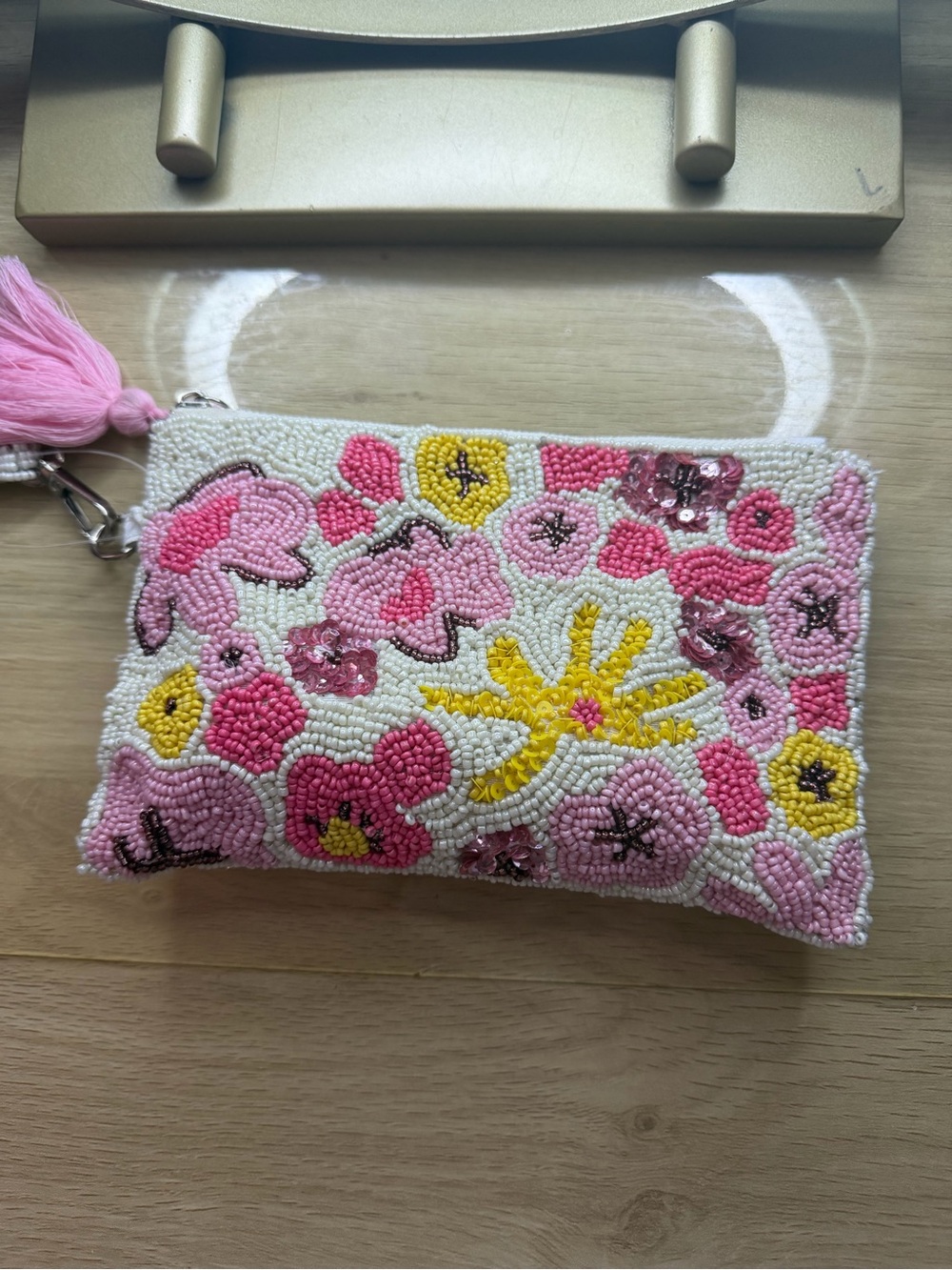 Hand-Beaded Floral Wristlet Clutch in Pink, Yellow & Cream